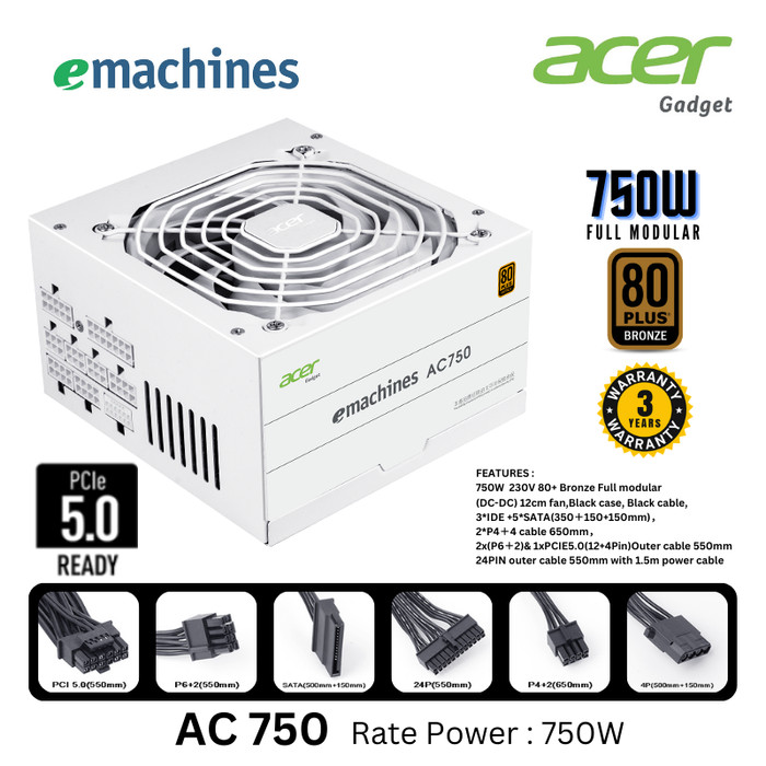 PSU ACER AC750 80+ BRONZE FULL MODULAR PCIE-5 WHITE